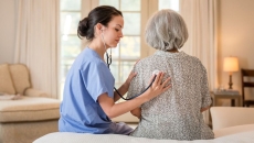 A provider listening to a patient's heartbeat in their home.
